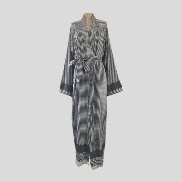 Mullen Design Co Gray Striped Cotton Neutral Mid Length Turkish Cotton Robe - S - Picture 1 of 5